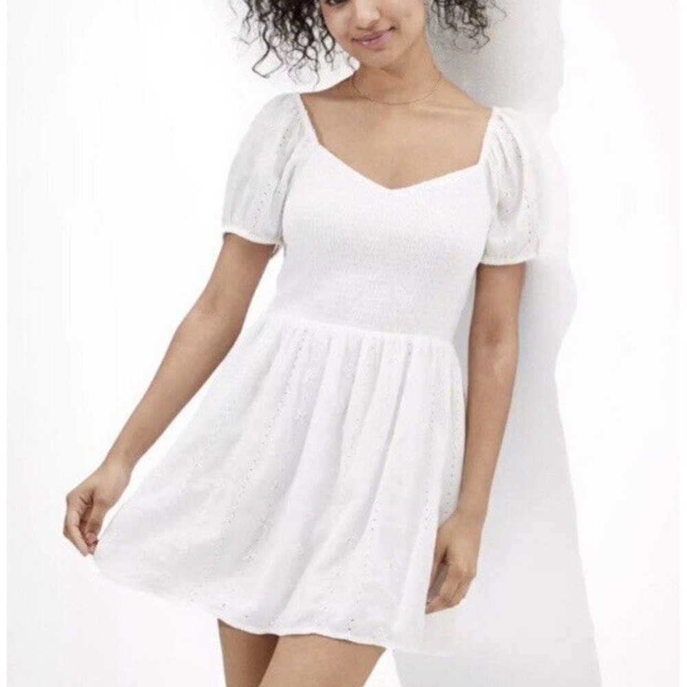 American Eagle Womens Small White Eyelet Puff Sleeve Milkmaid Mini Dress Smocked